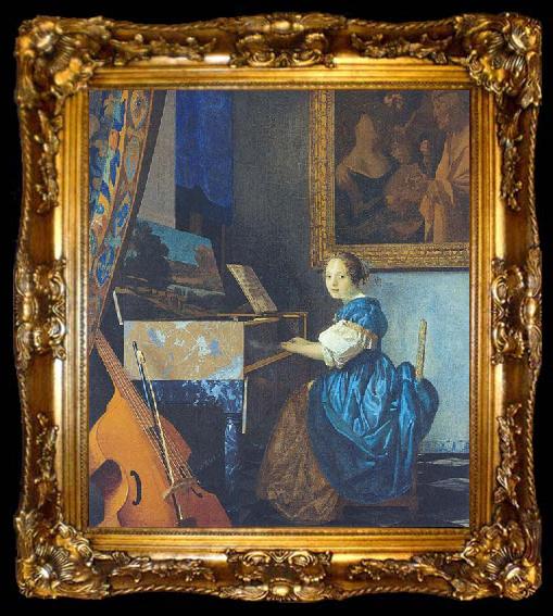 framed  Johannes Vermeer A Young Woman Seated at the Virginal with a painting of Dirck van Baburen in the background, ta009-2